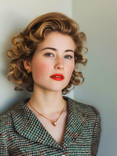 Une femme vintage élégante avec une coiffure et un maquillage classiques posant dans une robe de tweed avec du blanc