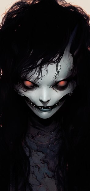 une femme avec un visage blanc et des yeux rouges est montrée dans une pièce sombre