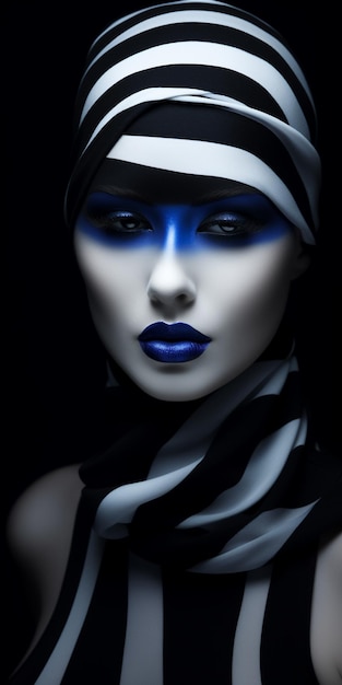 une femme avec un visage bleu et noir et un foulard noir et blanc.