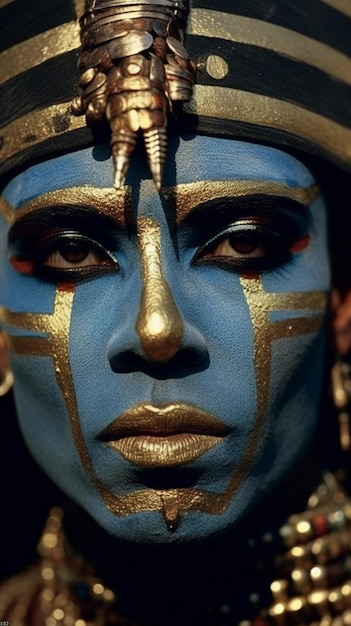 une femme avec un visage bleu peint avec de la peinture dorée et une peinture bleue.