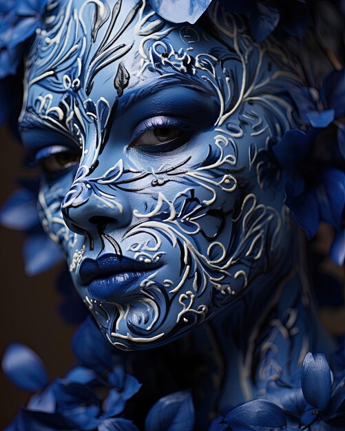 une femme avec un visage bleu et le visage d'un masque bleu