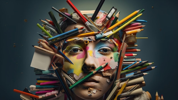 Photo une femme avec un visage coloré couvert de crayons