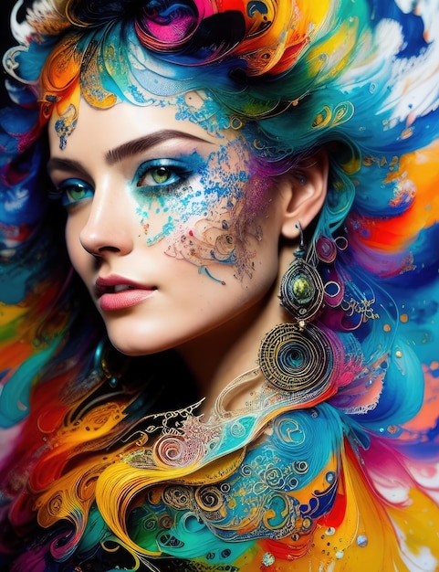 Une femme avec un visage coloré et un dessin de cheveux arc-en-ciel sur son visage.