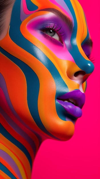 une femme avec un visage coloré peint avec les couleurs du visage et le mot couleur dessus.