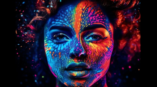 Une femme avec un visage coloré peint en couleurs fluo