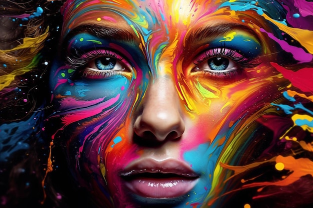 une femme avec un visage coloré peint avec les couleurs de son visage.