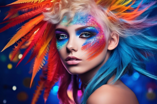 Une femme avec un visage coloré et des plumes sur son visage