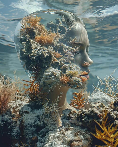 Photo une femme avec un visage dans l'eau avec les mots sous l'eau sur le fond