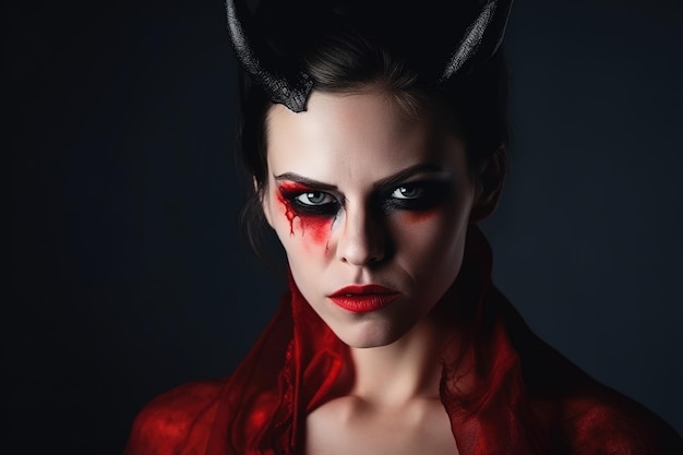 Une femme avec un visage de diable et des yeux rouges