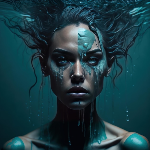 Une femme avec le visage de l'eau et les mots " eau " sur le fond.