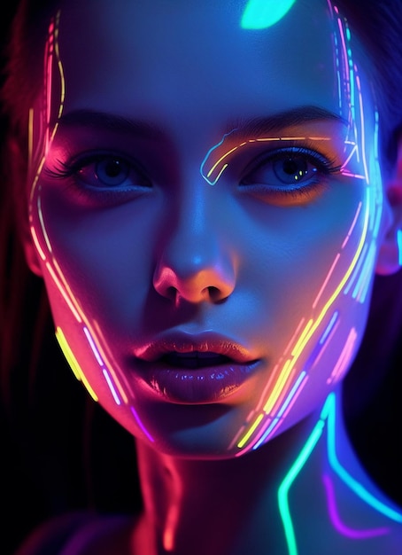 une femme avec un visage éclatant et une lumière au néon.