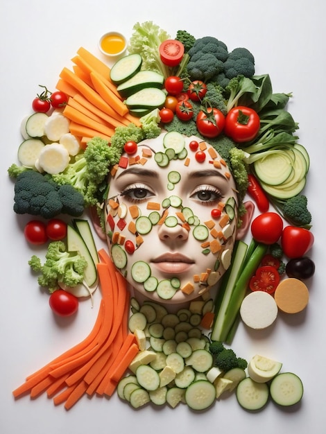 une femme avec un visage fait de légumes et de fruits et légumes