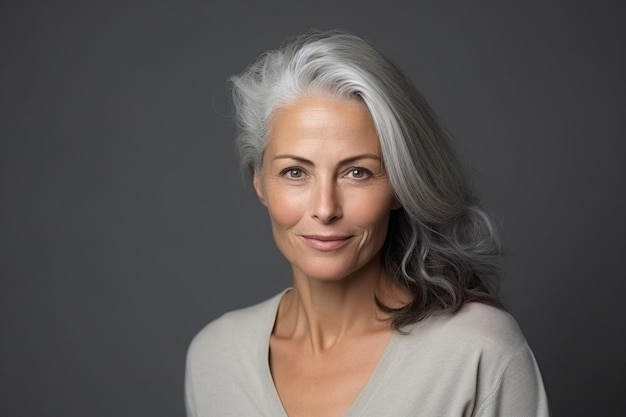 Femme visage femme beauté attrayante blanche dame caucasienne joli sourire heureux vieux âge aîné cheveux gris portrait studio personne adulte mature personnes âgées