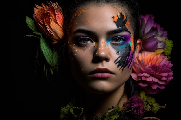 Une femme avec un visage de fleur peint avec des fleurs sur son visage