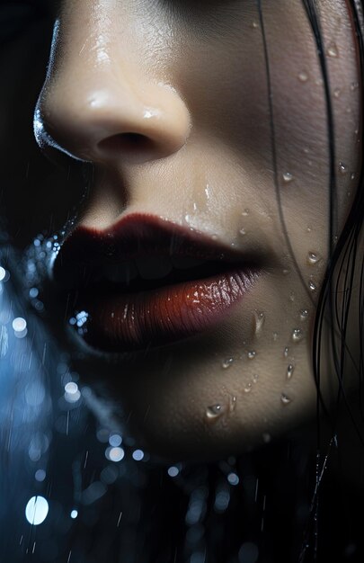 Photo une femme avec un visage mouillé et des gouttes d'eau sur ses lèvres