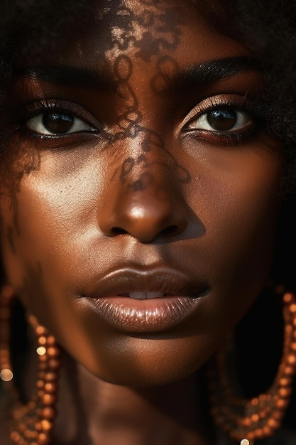 Une femme avec un visage noir et un fond noir