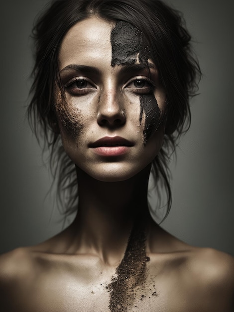 Une femme avec un visage nu et un fond sombre avec beaucoup de saleté sur son visage