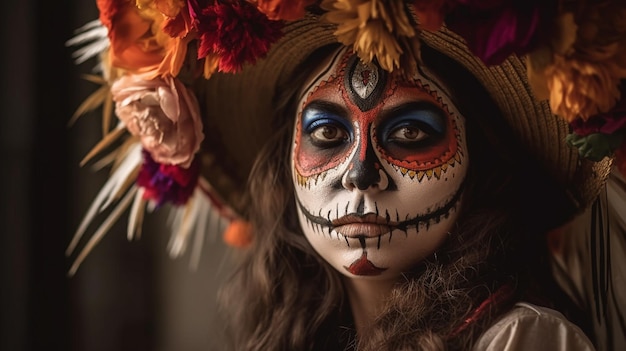 Une femme avec un visage peint et un chapeau avec le mot jour des morts dessus.