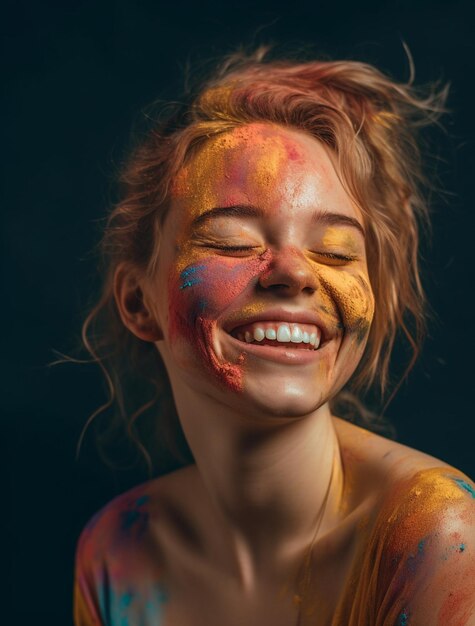Une femme avec un visage peint en couleurs holi
