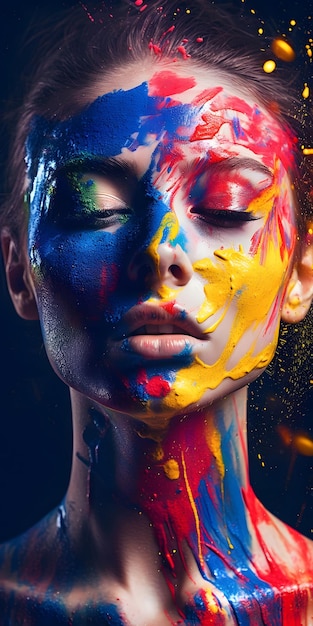Une femme avec un visage peint de couleurs vives