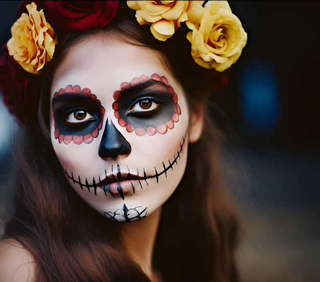 Une femme avec un visage peint et une couronne de fleurs sur la tête