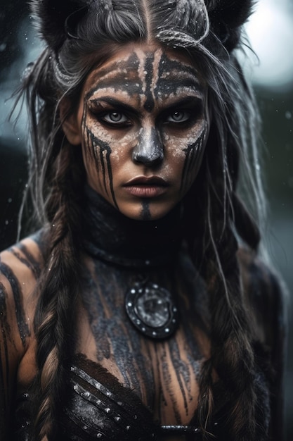 Une femme avec un visage peint sous la pluie