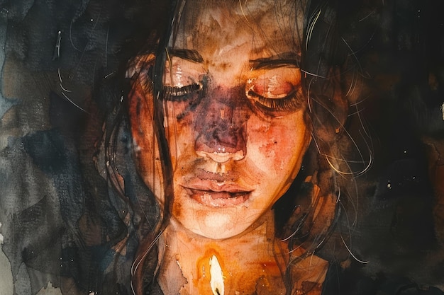 Une femme avec un visage peint sur une toile avec une bougie à la main