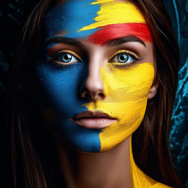 Photo une femme avec un visage peint et un visage de femme avec les couleurs du drapeau peint dessus.