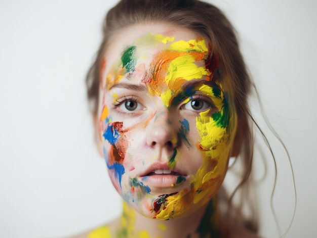 Une femme avec un visage de peinture peint en différentes couleurs