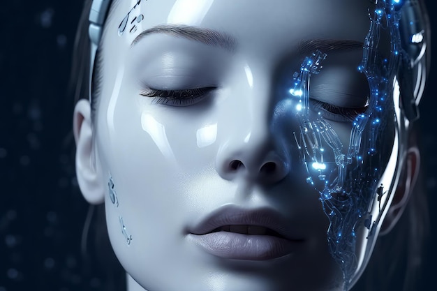 Une femme avec un visage de robot qui dit "cyberpunk" dessus