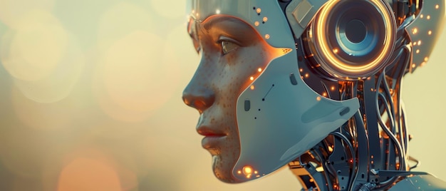 Une femme avec un visage robotique regarde l'arrière-plan flou de la caméra