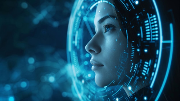 Une femme avec un visage robotique scanne le monde la technologie du futur et la cybersécurité cybernétique