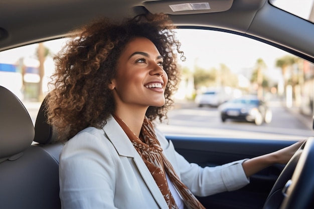 Femme visage voyage d'affaires bonheur portrait roue conducteur heureux transport afro sourire lunettes de soleil voiture noire