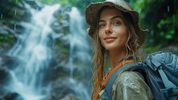 Une femme en voyage se tient près d'une belle cascade