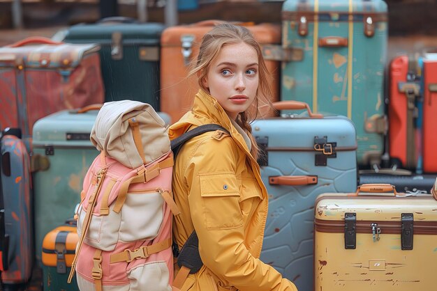 Photo une femme de voyage en veste jaune assise et en attente avec de nombreux bagages à l'aéroport ou au terminal de bus