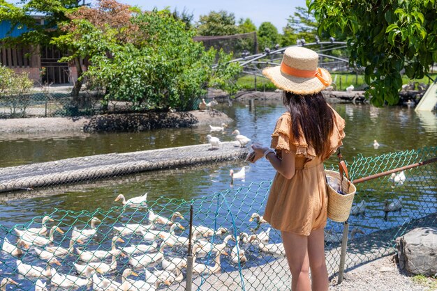 Femme de voyage visite de la ferme touristique du canard