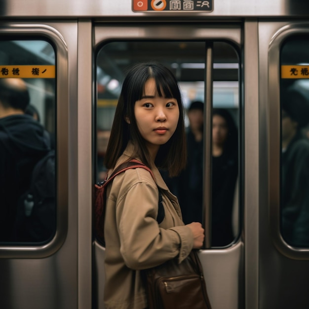 Femme voyageant avec le métro dans la ville