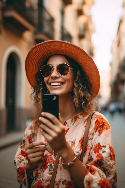 Femme voyageant et téléphone pour sourire sur les réseaux sociaux ou réseauter dans une ville en vacances