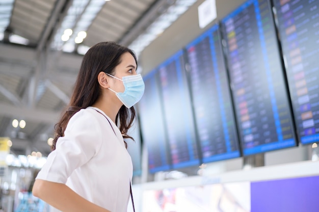 Une femme voyageur porte un masque de protection à l'aéroport international, voyage sous la pandémie de Covid-19,