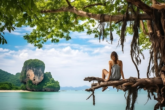 Photo une femme voyageuse sur une branche d'arbre utilisant une tablette joie nature paysage pittoresque