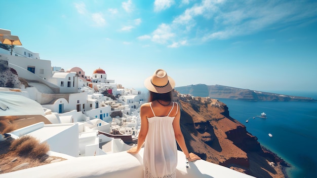 Une femme voyageuse avec un chapeau et une robe blanche à la recherche d'une illustration générative d'Oia Santorini ai