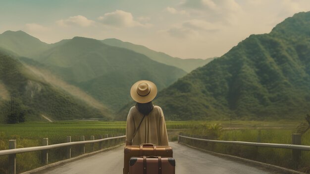 Femme voyageuse explorant le monde généré par l'IA