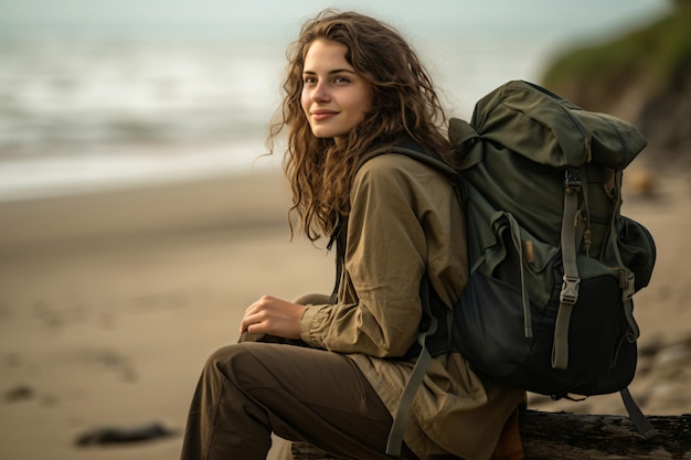 Une femme voyageuse hipster assise sur la plage.