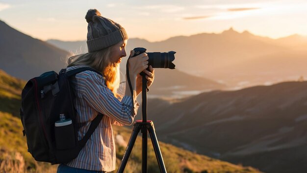 Photo une femme voyageuse prenant des photos avec un appareil photo numérique sur un trépied