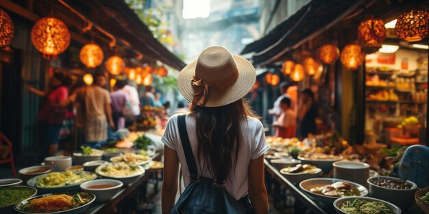 Photo une femme voyageuse avec un sac à dos et un chapeau fait du tourisme dans les rues et les stands de nourriture de rue en asie