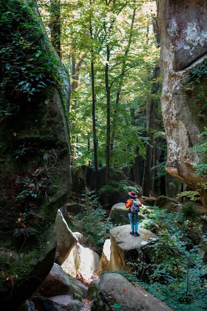 Femme voyageuse avec sac à dos marchant sur un sentier dans le canyon