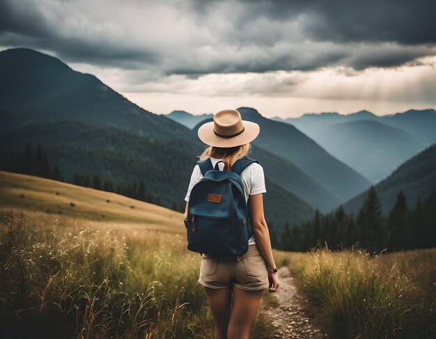 une femme voyageuse avec un sac à dos tenant un chapeau