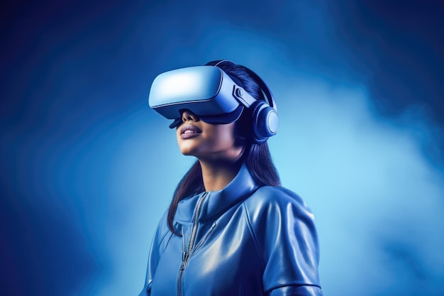 Femme en VR sur fond bleu