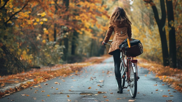 Photo une femme vue de l'arrière tenant un roadster vélo dans la route à l'automne saison générative ai