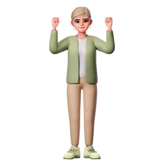 Femme avec welldressed Montrant hooray pose très heureux Caractère 3D Render Illustration